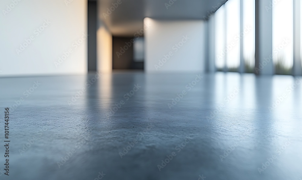 Poster a sleek, modern interior space with a polished floor, large windows, and minimalist design elements,