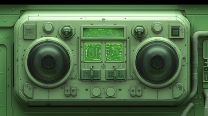 Futuristic control panel with retro design featuring large speakers