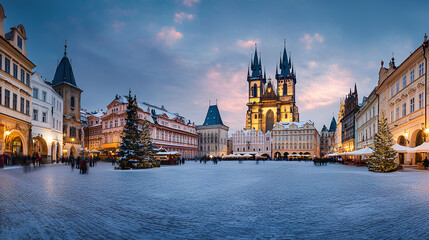 Fototapeta premium A panoramic view of Prague's Old Town Square covered in snow during the Christmas season, featuring the iconic church towers and a festive atmosphere.