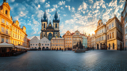 Fototapeta premium A panoramic view of Prague's Old Town Square featuring the Church of Our Lady Before T?n.