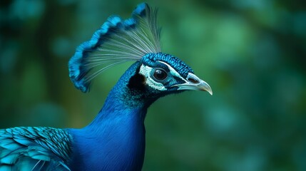 A stunning close-up of a blue peacock's head, showcasing its vibrant feathers, elegant neck, and watchful eye. This image symbolizes beauty, grace, and the majesty of nature.