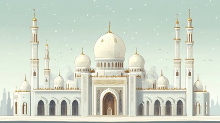 Obraz premium A stunning illustration of a classic Middle Eastern mosque, showcasing intricate details and a majestic silhouette against a serene sky. The mosque symbolizes faith, community, and cultural heritage.