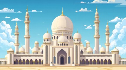 Obraz premium A stunning depiction of a classic Middle Eastern mosque, showcasing intricate details, soaring minarets, and a grand dome. It symbolizes faith, spirituality, and architectural beauty.
