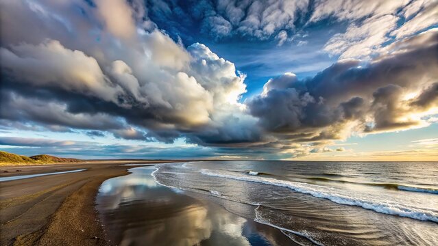 Arctic Ocean beachfront with pingo and dramatic clouds
