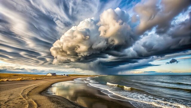 Arctic Ocean beachfront in Tuktoyaktuk with a pingo in the distance and dramatic clouds