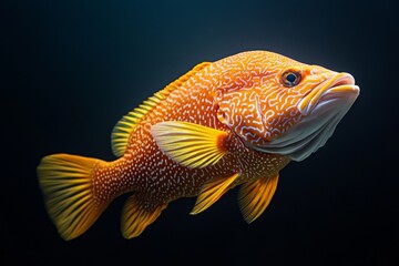 the beside view Honeycomb Grouper, left side view, white copy space on right, Isolated on dark Background