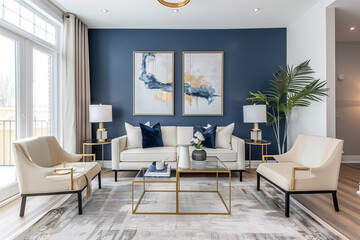 Fototapeta premium interior design concept. Living room featuring a bold accent wall in a deep blue hue, paired with neutral furniture and gold light fixtures for a modern, dramatic look.