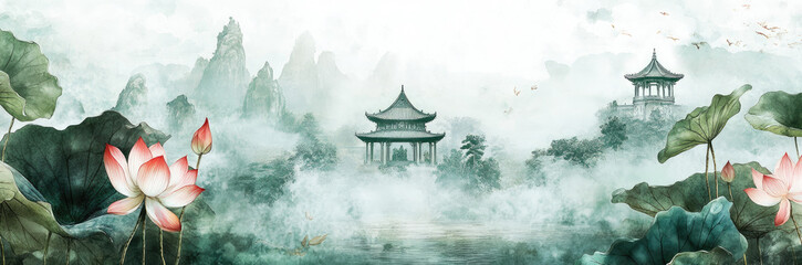 Serene landscape with a Chinese background, featuring lotus flowers and leaves, pavilions and towers in the distance, with a watercolor painting effect. 