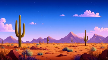 A vibrant illustration of a desert landscape featuring towering cacti, majestic mountains, and a clear blue sky. The scene evokes a sense of solitude, wonder, and the beauty of nature's harsh yet stun