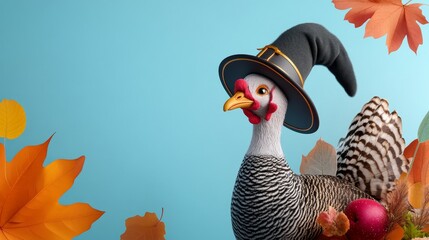 A whimsical illustration of a turkey wearing a witch hat with autumn leaves around it. The turkey is depicted as friendly and festive, embodying the spirit of Thanksgiving.