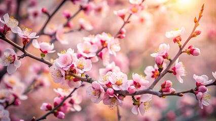 Obraz premium Apricot blossoms in early spring, pink flowers on the tree, high angle