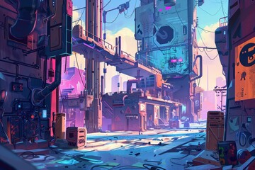 Obraz premium Futuristic Cityscape with Colorful Buildings and Wires