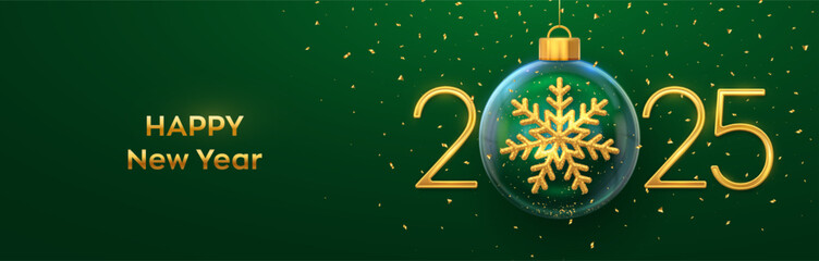 Fototapeta premium Happy New Year 2025. Golden metal 3D numbers 2025 with gold shining 3D snowflake in a Christmas glass bauble. Greeting card. Holiday Xmas and New Year poster, banner, flyer. Vector Illustration.