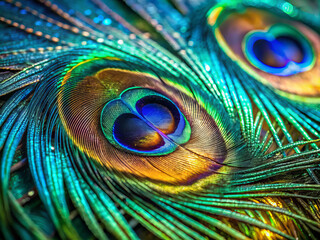 Obraz premium Iridescent peacock feathers display vibrant colors and intricate patterns, showcasing natures beauty and elegance. shimmering barbules create mesmerizing effect
