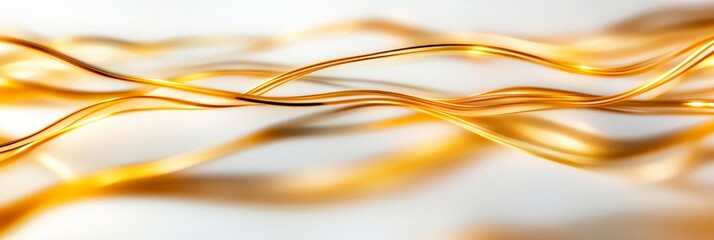 Abstract photo of flowing golden lines on a white background, representing elegance, luxury, movement, fluidity, and dynamism.