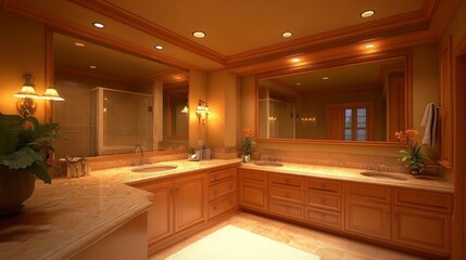 Luxurious bathroom with double sinks and elegant lighting fixtures