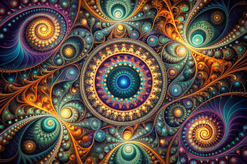 Intricate abstract digital art featuring vibrant fractal patterns and swirling designs, evoking sense of wonder and complexity. rich colors and detailed shapes create mesmerizing visual experience
