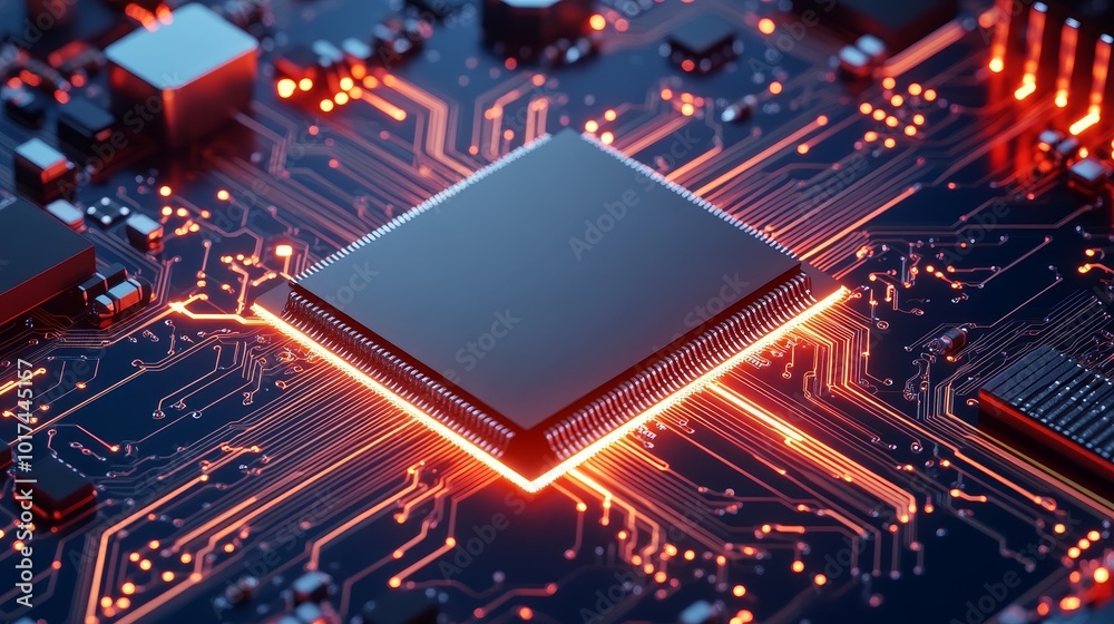 Poster close-up of an advanced microprocessor chip on top of a circuit board, showcasing intricate circuitr