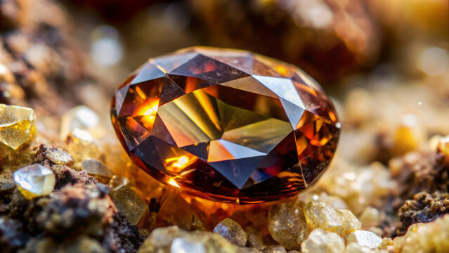 stunning macro photograph of andalusite gemstone, showcasing its pleochroism and brilliance against backdrop of sparkling sand. intricate facets reflect light beautifully, creating captivating visual