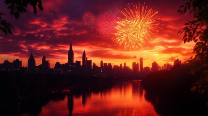 Obraz premium Dreamlike Fireworks over a Romantic Cityscape, symbolizing celebration, love, hope, beauty, and urban life.