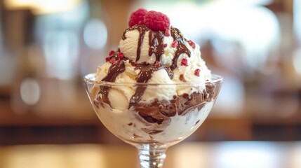 A glass bowl filled with vanilla and chocolate ice cream topped with chocolate sauce, raspberries, and chocolate sprinkles.