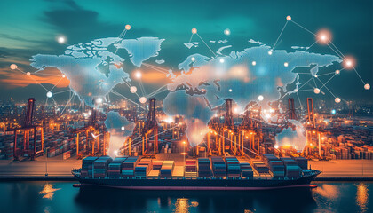 Obraz premium Interconnected Global Logistics Illustration: Evening Container Shipping on a Holographic World Map with Data Networks