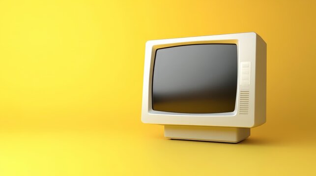 Vintage computer monitor on a bright yellow background exemplifies retro technology