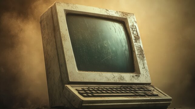 Vintage computer screen with keyboard showing signs of wear and age