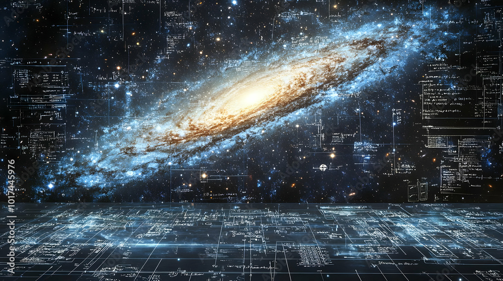 Wall mural spiral galaxy in outer space with scientific formulas and equations overlay