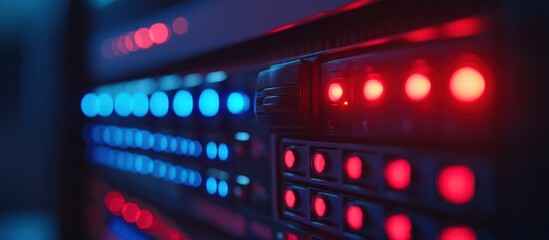 Close-up of a server rack with red and blue lights.