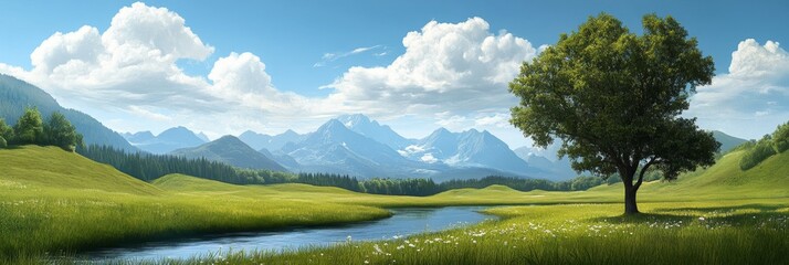 Serene landscape featuring rolling green hills, a meandering river, majestic mountains, and a lone tree symbolizing peace, nature, solitude, growth, and beauty.