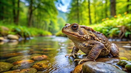 Obraz premium American toad hunting near forest stream with shallow depth of field