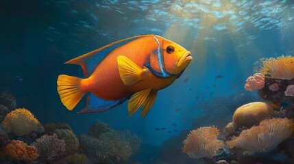 Obraz premium Vibrant Orange Napoleonfish in a Coral Reef, a stunning example of marine life with vibrant colors and intricate patterns. The fish is swimming through a coral reef, with a backdrop of blue water and 