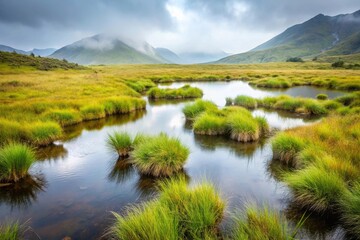 Alpine wetlands with tall grass and shrubs in light rain