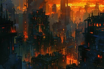Obraz premium A Futuristic Cityscape with Glowing Towers and an Orange Sky