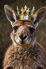 Obraz premium A crowned kangaroo poses proudly outdoors in a grassy field under a bright, cloudy sky during the afternoon light