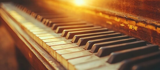 Close-up of old, wooden piano keys bathed in golden sunlight.