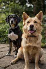 Fototapeta premium Two dogs sitting together outdoors in a lush green environment, enjoying a sunny afternoon in a park