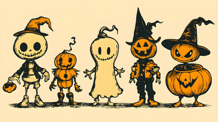 Five Cute Halloween Characters Stand Together in Costumes