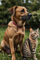 A dog and a cat sit together, showcasing their unique bond and friendship