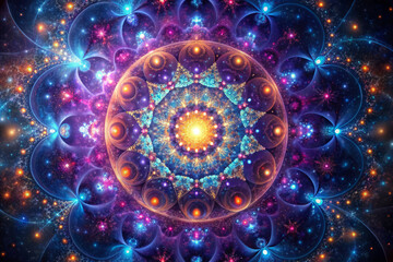 vibrant digital fractal pattern resembling cosmic nebula, featuring intricate designs and radiant central star. colors blend beautifully, evoking sense of wonder and exploration