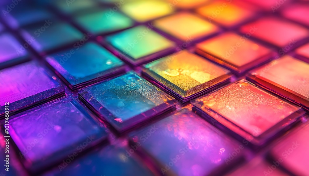 Poster A vibrant, colorful array of square tiles reflecting light, creating a mesmerizing and artistic display of hues and textures.