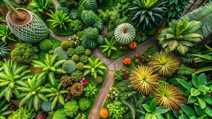 Fototapeta premium Aerial view of tropical plants in a botanical garden with natural background