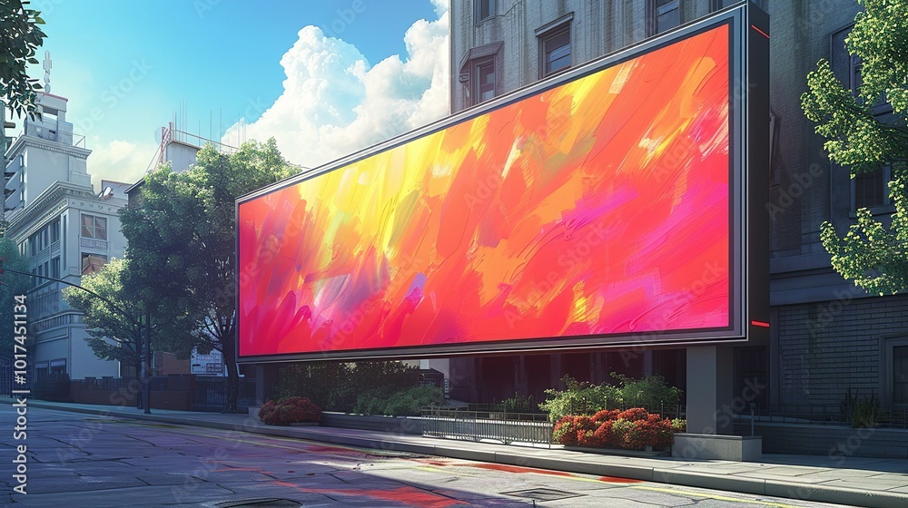 Wall mural Eye-catching digital billboard mockup featuring bright, animated ads with vivid colors, ideal for showcasing dynamic digital marketing content in an urban environment. High resolution Illustration,