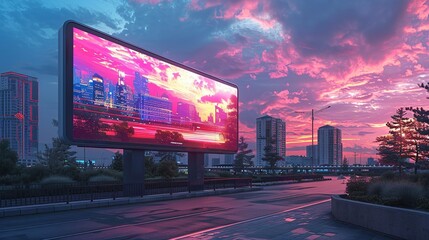 High-definition digital billboard mockup featuring bright, animated content and vivid graphics, ideal for showcasing effective digital advertisements in a modern urban setting. High resolution