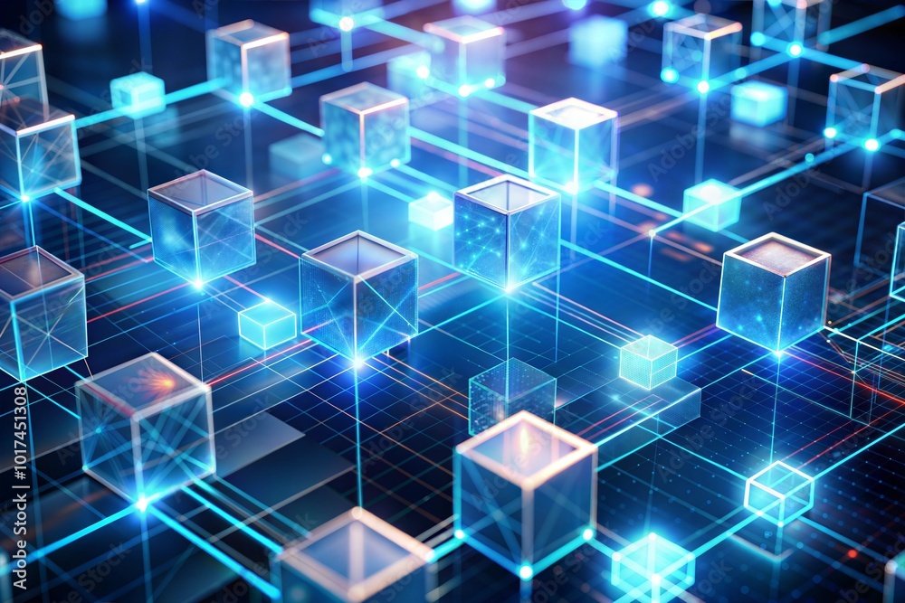 Wall mural abstract digital network with glowing cubes and lines