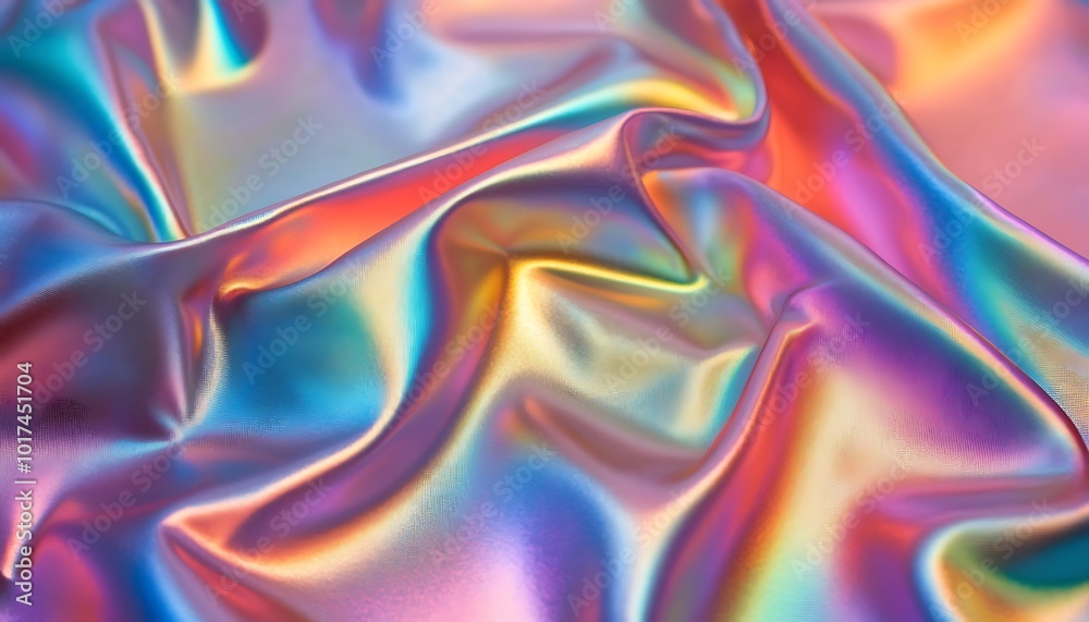 Poster a vibrant, iridescent fabric showcases a mesmerizing blend of colors, creating a fluid and glossy te