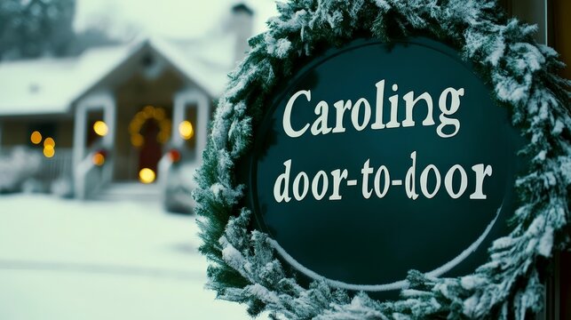 Festive wreath with caroling sign on a snowy winter door-to-door scene