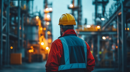 A man in a yellow hard hat and safety vest stands in front of an industrial complex, gazing out at the vastness of the facility.