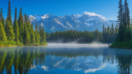 Mountain Lake with Misty Morning Reflection